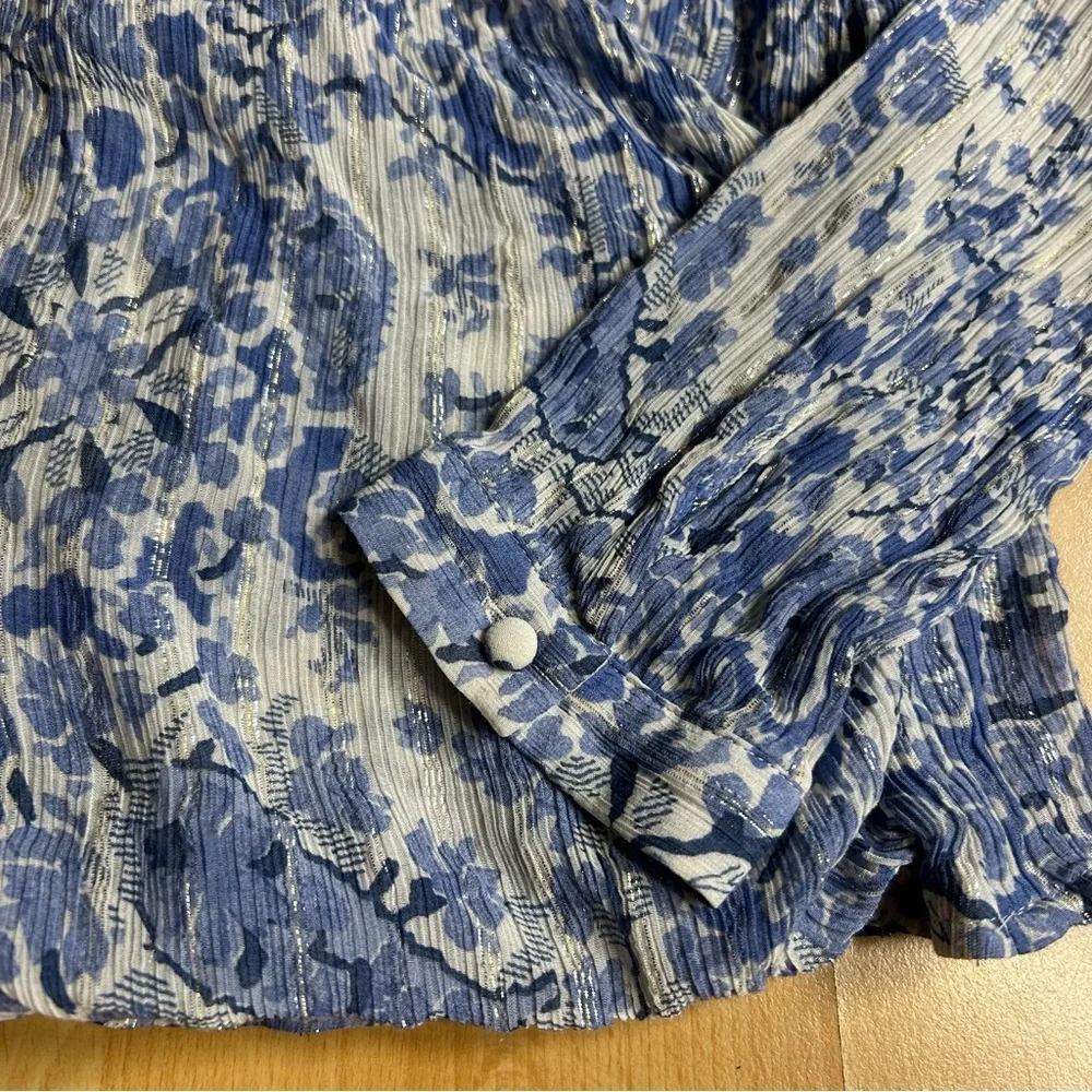 Sezane Amelia Blue and White Floral V Neck Faux Wrap Blouse - Picture 6 of 13